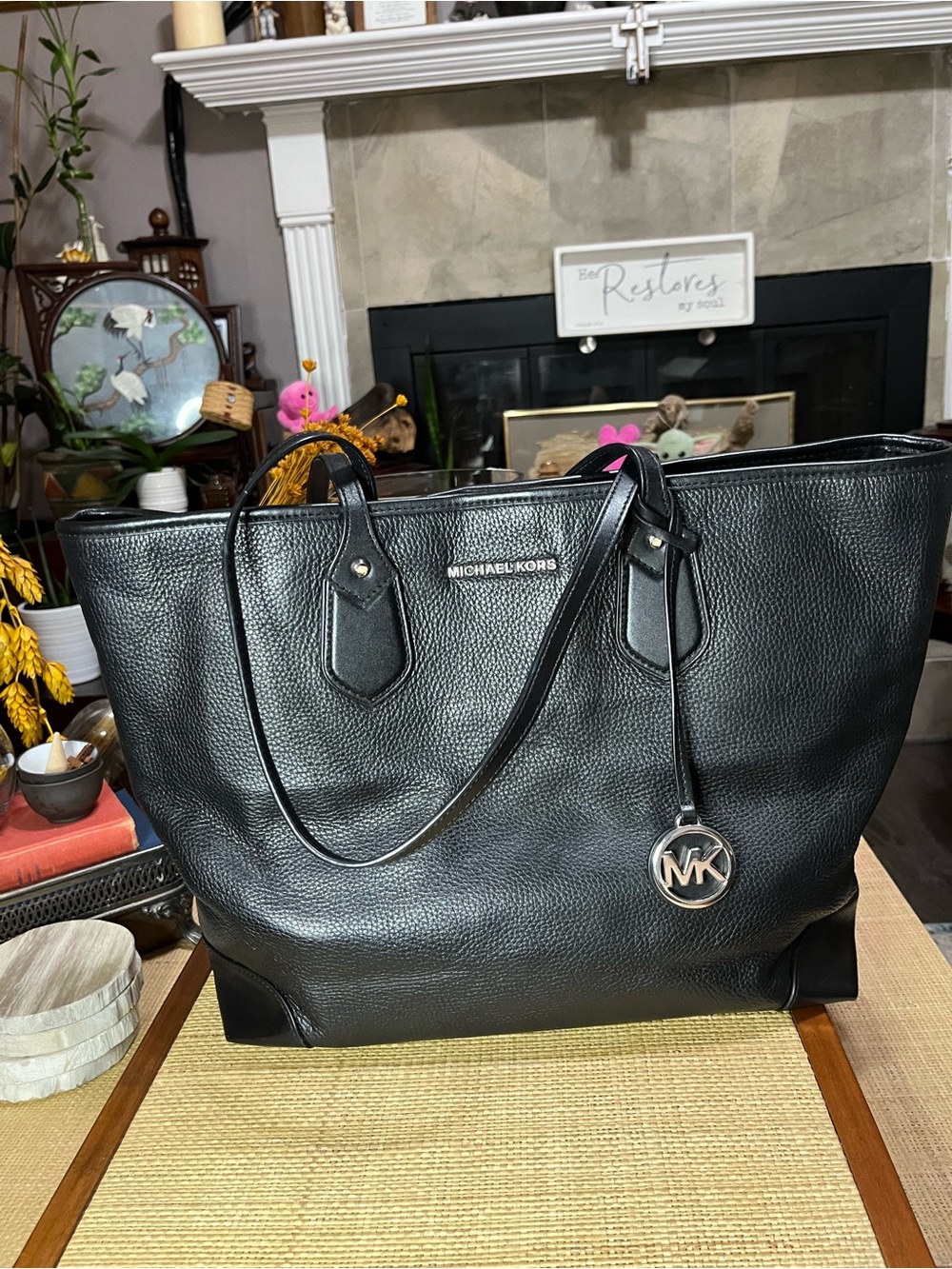 Michael Kors Black Pebbled‎ Leather Large Tote with MK Charm